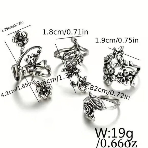 4 pieces Silver Flower Vine Theme Personality Ring Set - Picture 5 of 5